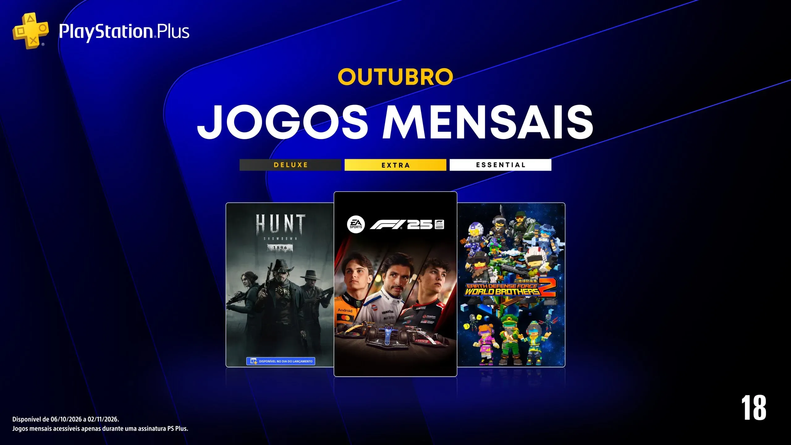PS Plus de outubro 2026 traz F1 25, Hunt: Showdown 1896 e EDF